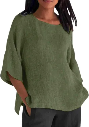 Women Linen T Shirt Casual 3/4 Batwing Sleeve Blouses Solid Color Sun Shirt Loose Pullover Tunic Top