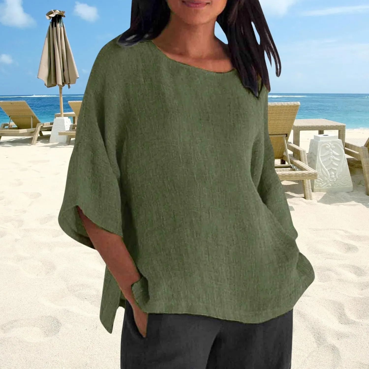 Women Linen T Shirt Casual 3/4 Batwing Sleeve Blouses Solid Color Sun Shirt Loose Pullover Tunic Top