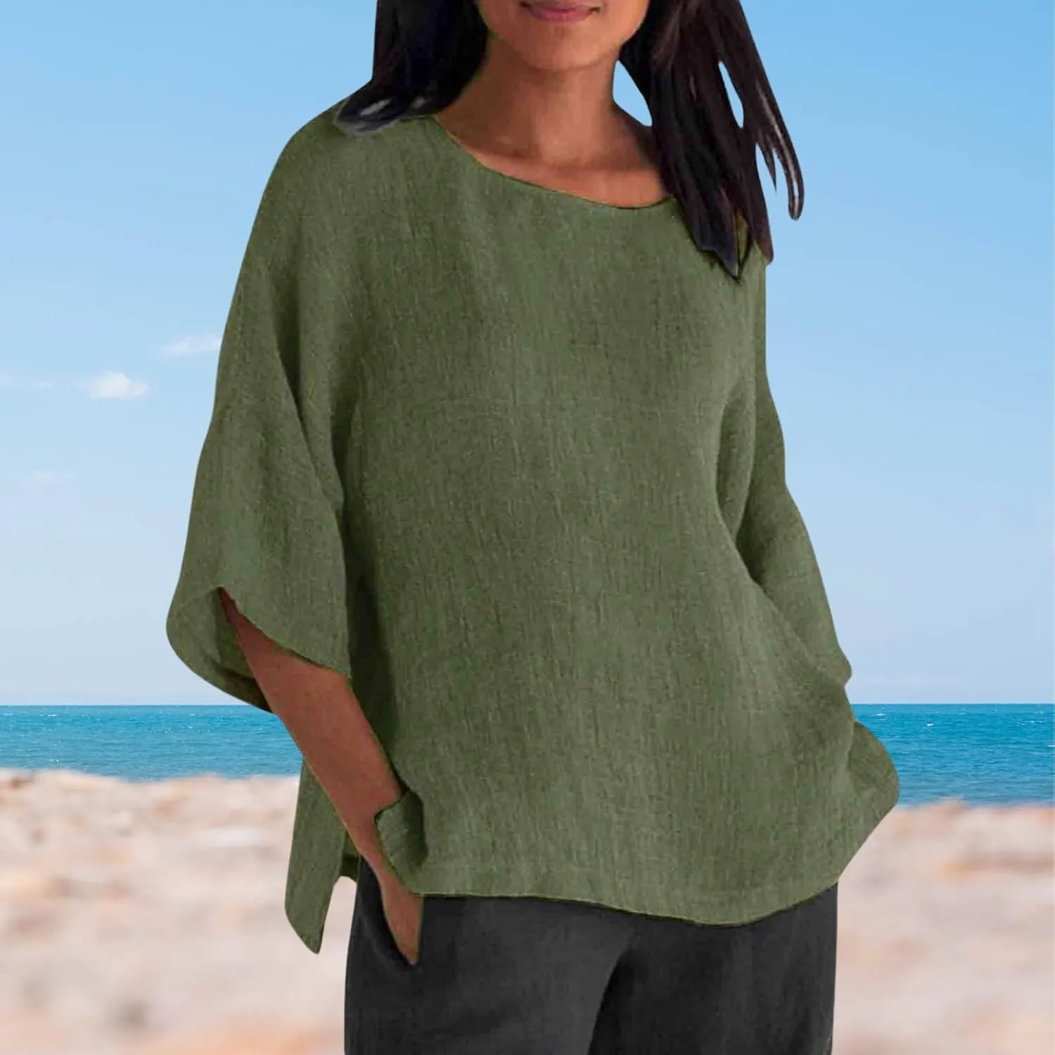 Women Linen T Shirt Casual 3/4 Batwing Sleeve Blouses Solid Color Sun Shirt Loose Pullover Tunic Top