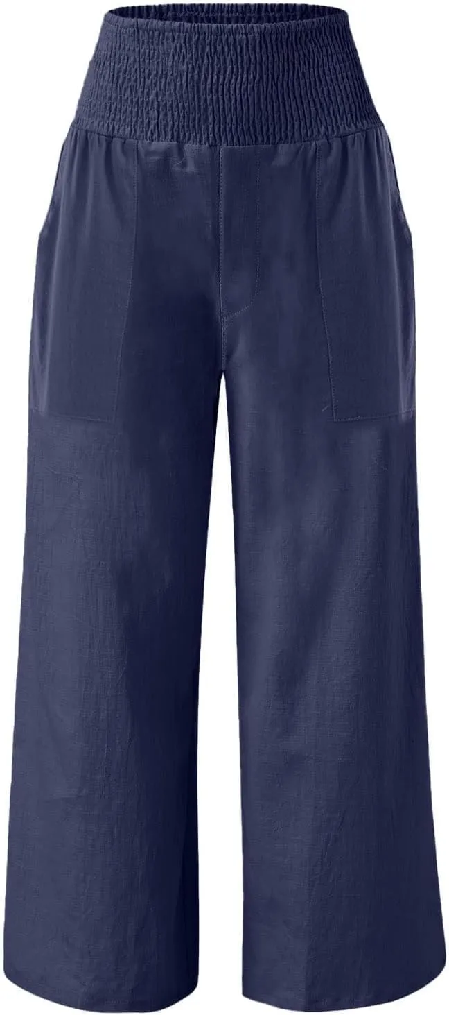 Women Palazzo Linen Pants Smocked High Waisted Wide Leg Pants Casual Summer Beach Pants Lounge Trousers with Pockets