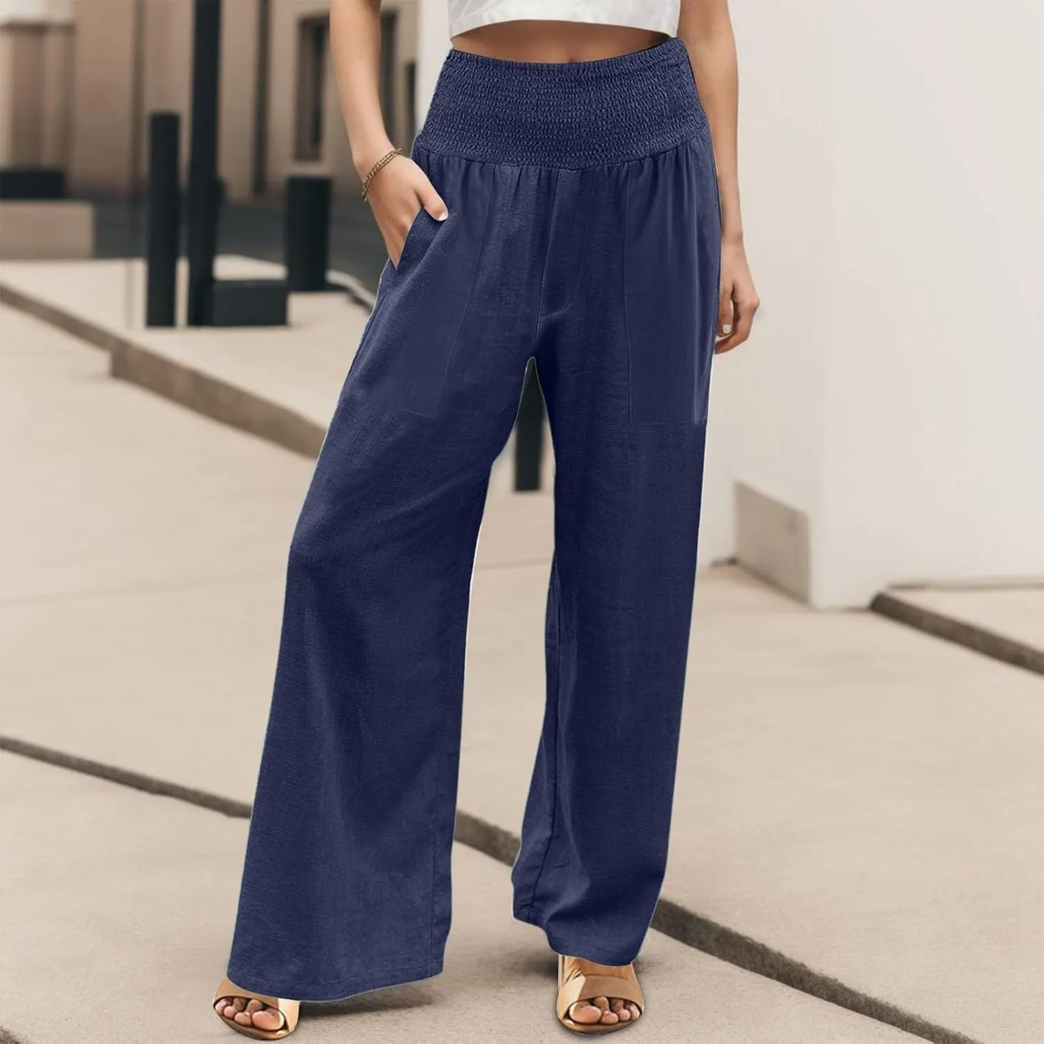 Women Palazzo Linen Pants Smocked High Waisted Wide Leg Pants Casual Summer Beach Pants Lounge Trousers with Pockets