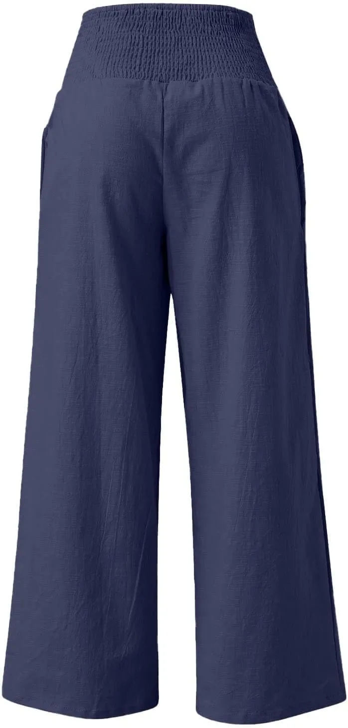Women Palazzo Linen Pants Smocked High Waisted Wide Leg Pants Casual Summer Beach Pants Lounge Trousers with Pockets