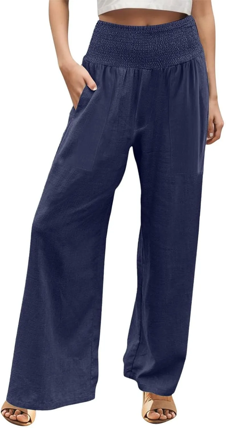 Women Palazzo Linen Pants Smocked High Waisted Wide Leg Pants Casual Summer Beach Pants Lounge Trousers with Pockets