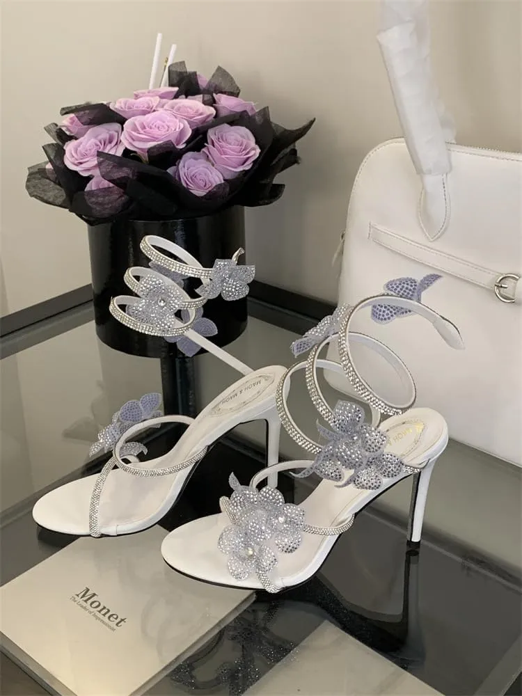Women Rhinestone Flowers High Heel Open Round Toe Spiral Wrap Around Sandals Sexy Sparkly Bling Ankle Strap High Heel