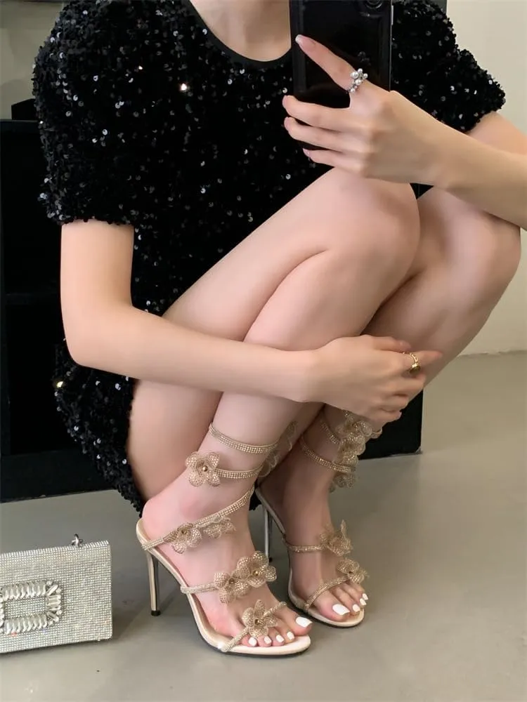Women Rhinestone Flowers High Heel Open Round Toe Spiral Wrap Around Sandals Sexy Sparkly Bling Ankle Strap High Heel