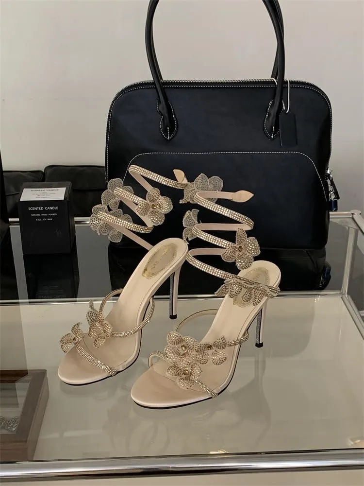 Women Rhinestone Flowers High Heel Open Round Toe Spiral Wrap Around Sandals Sexy Sparkly Bling Ankle Strap High Heel