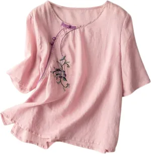 Women Short Sleeve Linen Shirt Casual V-Neck Henley T-Shirt Retro Loose Fit Summer Tee Tops