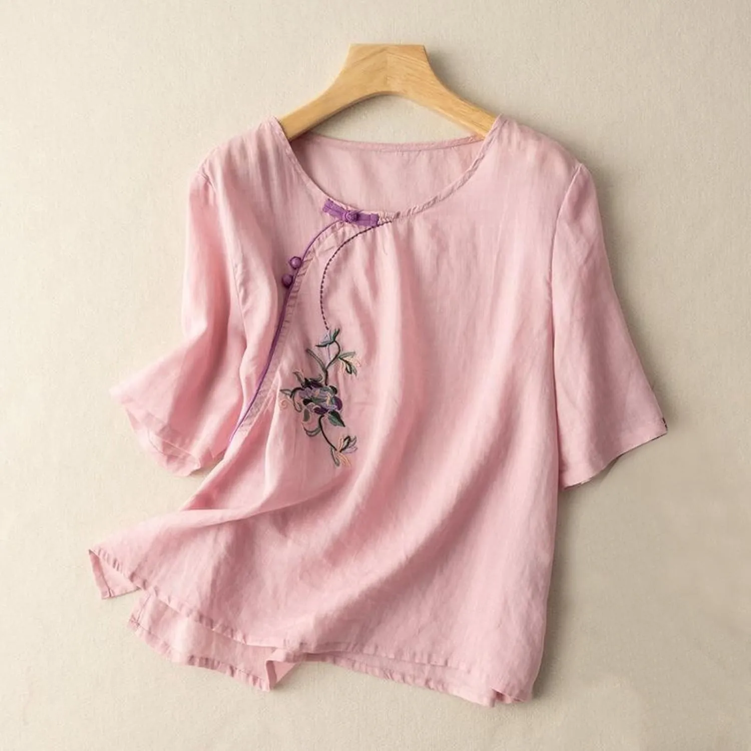 Women Short Sleeve Linen Shirt Casual V-Neck Henley T-Shirt Retro Loose Fit Summer Tee Tops