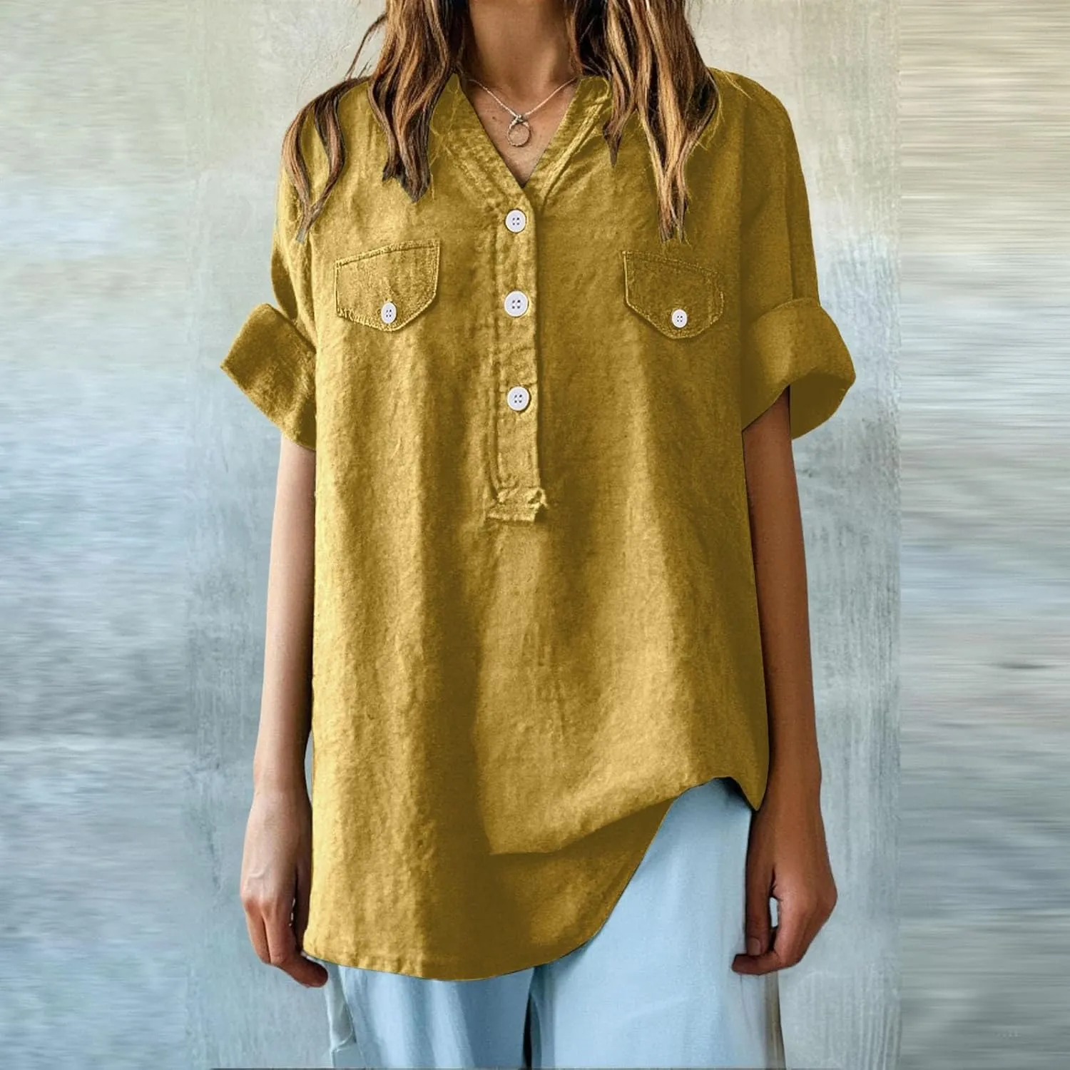 Women Summer Beach Linen Henley Shirts Short Sleeve Button v Neck Tunic Blouses 2025 Trendy Casual Loose Dressy Tops