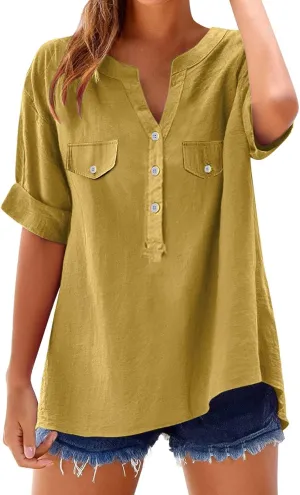 Women Summer Beach Linen Henley Shirts Short Sleeve Button v Neck Tunic Blouses 2025 Trendy Casual Loose Dressy Tops