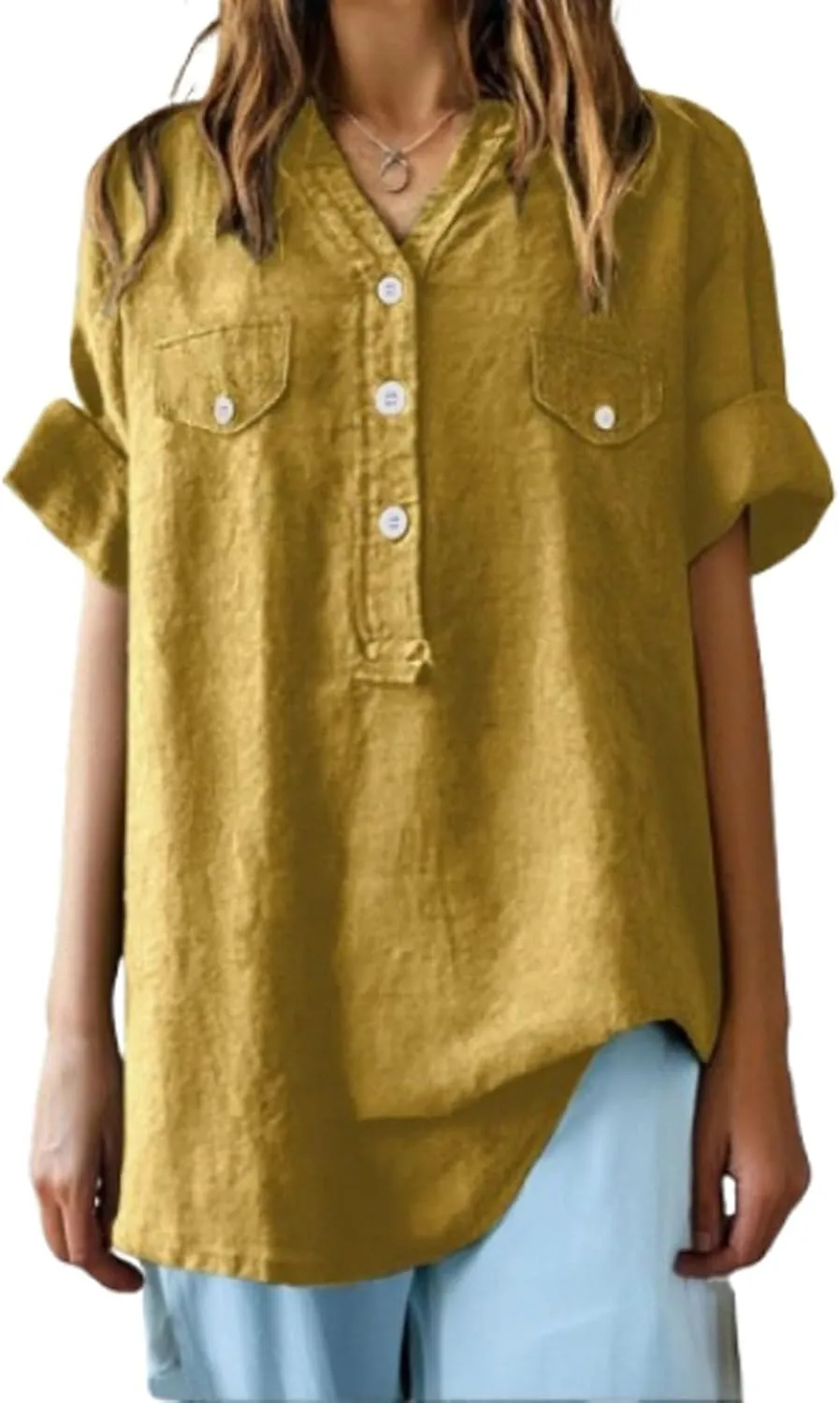 Women Summer Beach Linen Henley Shirts Short Sleeve Button v Neck Tunic Blouses 2025 Trendy Casual Loose Dressy Tops