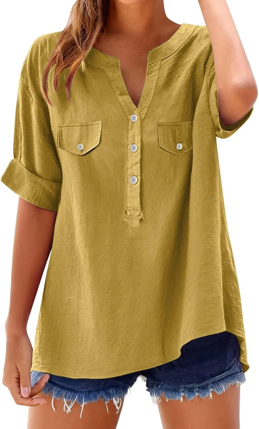 Women Summer Beach Linen Henley Shirts Short Sleeve Button v Neck Tunic Blouses 2025 Trendy Casual Loose Dressy Tops