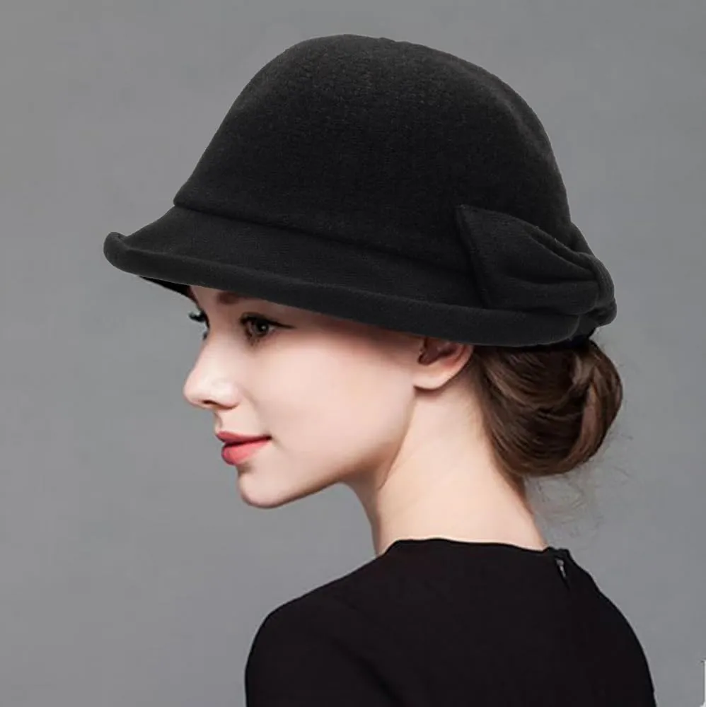 Women Vintage Cloche Church-Hat - 1920s Crushable Winter Wool Felt Bowler Bucket Hat