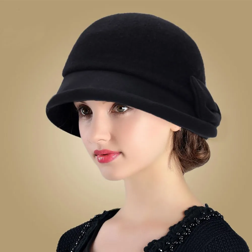 Women Vintage Cloche Church-Hat - 1920s Crushable Winter Wool Felt Bowler Bucket Hat