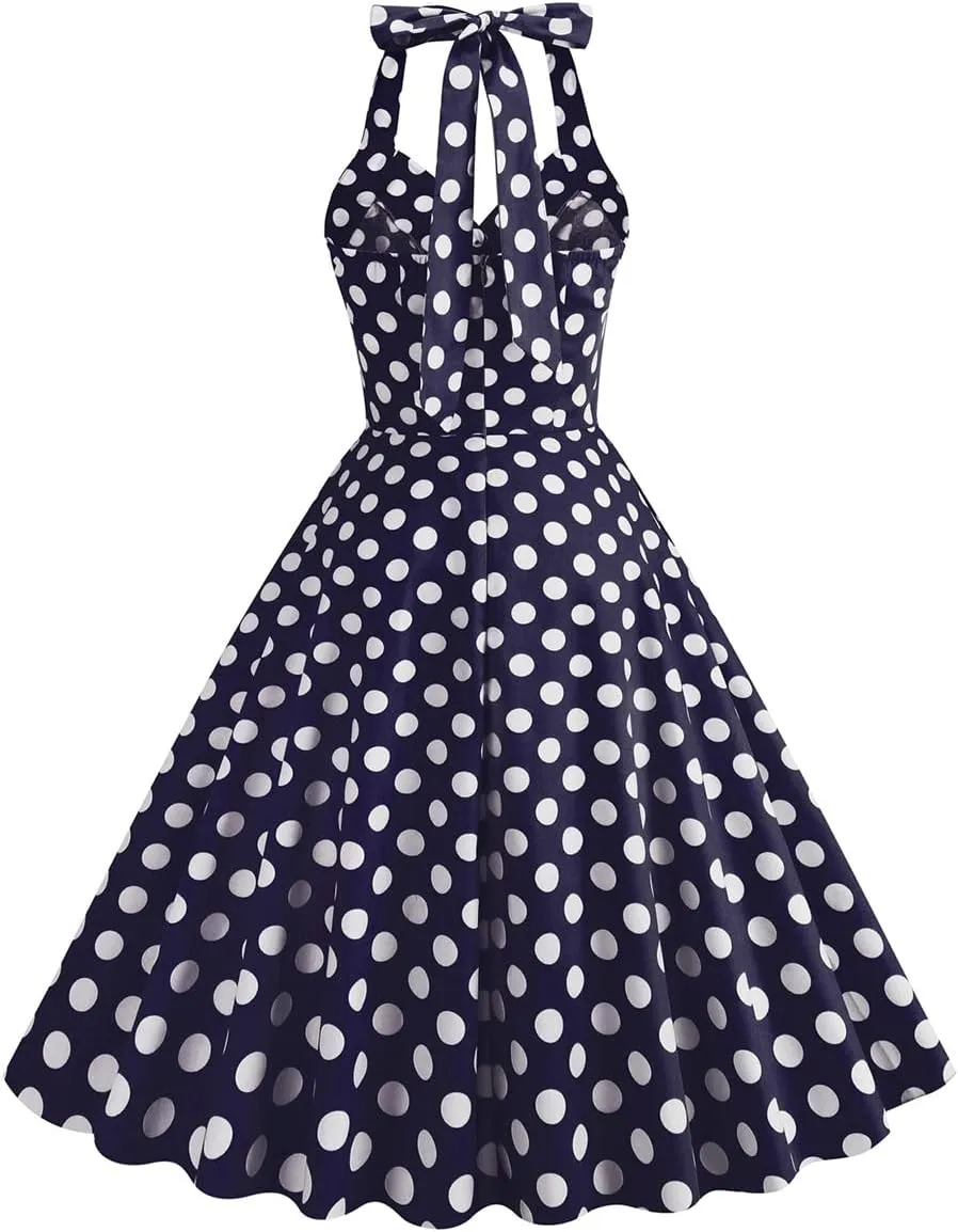 Women Vintage Spaghetti Strap Cami 1950s Polka Dot Rockabilly Swing Dress Casual Boho Floral Print Cocktail Tea Party Dress