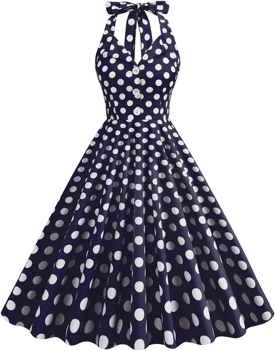 Women Vintage Spaghetti Strap Cami 1950s Polka Dot Rockabilly Swing Dress Casual Boho Floral Print Cocktail Tea Party Dress