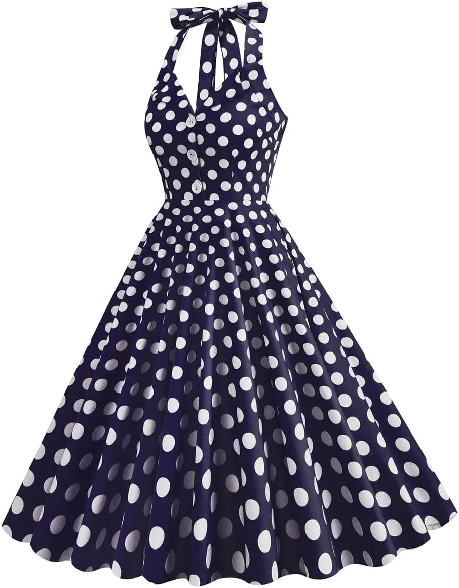 Women Vintage Spaghetti Strap Cami 1950s Polka Dot Rockabilly Swing Dress Casual Boho Floral Print Cocktail Tea Party Dress