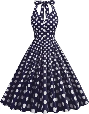 Women Vintage Spaghetti Strap Cami 1950s Polka Dot Rockabilly Swing Dress Casual Boho Floral Print Cocktail Tea Party Dress