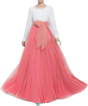 Women Wedding Long Maxi Puffy Tulle Skirt Floor Length A Line with Bowknot Belt High Waisted for Wedding Party Evening