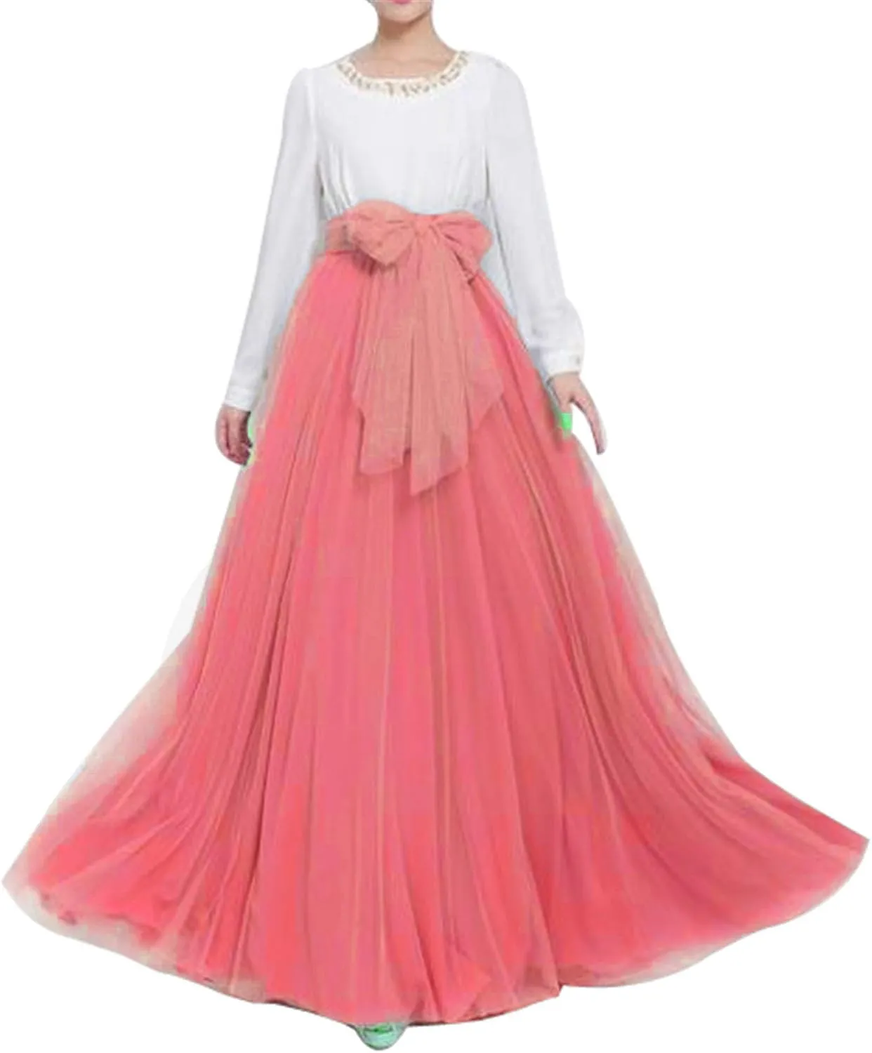 Women Wedding Long Maxi Puffy Tulle Skirt Floor Length A Line with Bowknot Belt High Waisted for Wedding Party Evening