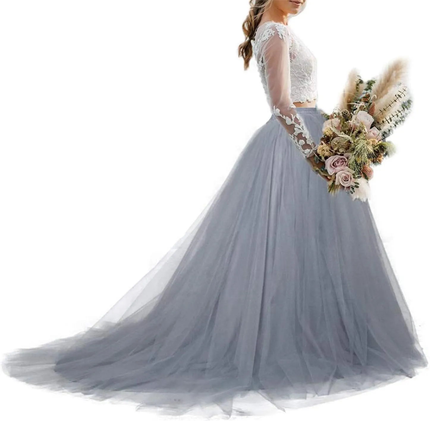Women Wedding Long Maxi Tulle Skirt Floor Length with Long Train Bridal Overskirt