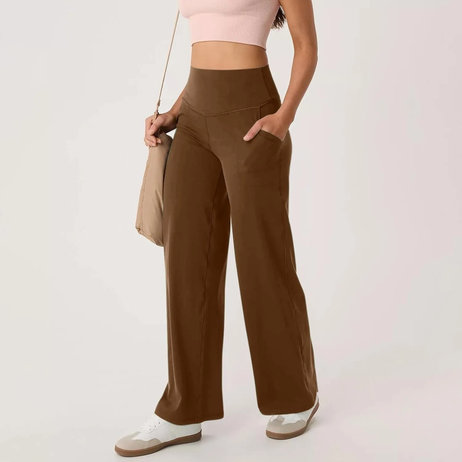 Women Wide Leg Yoga Pants with Pocket High Waist Straight Leg Dress Pants Tummy Control Leggings Flare Athletic Pant
