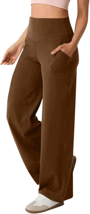 Women Wide Leg Yoga Pants with Pocket High Waist Straight Leg Dress Pants Tummy Control Leggings Flare Athletic Pant