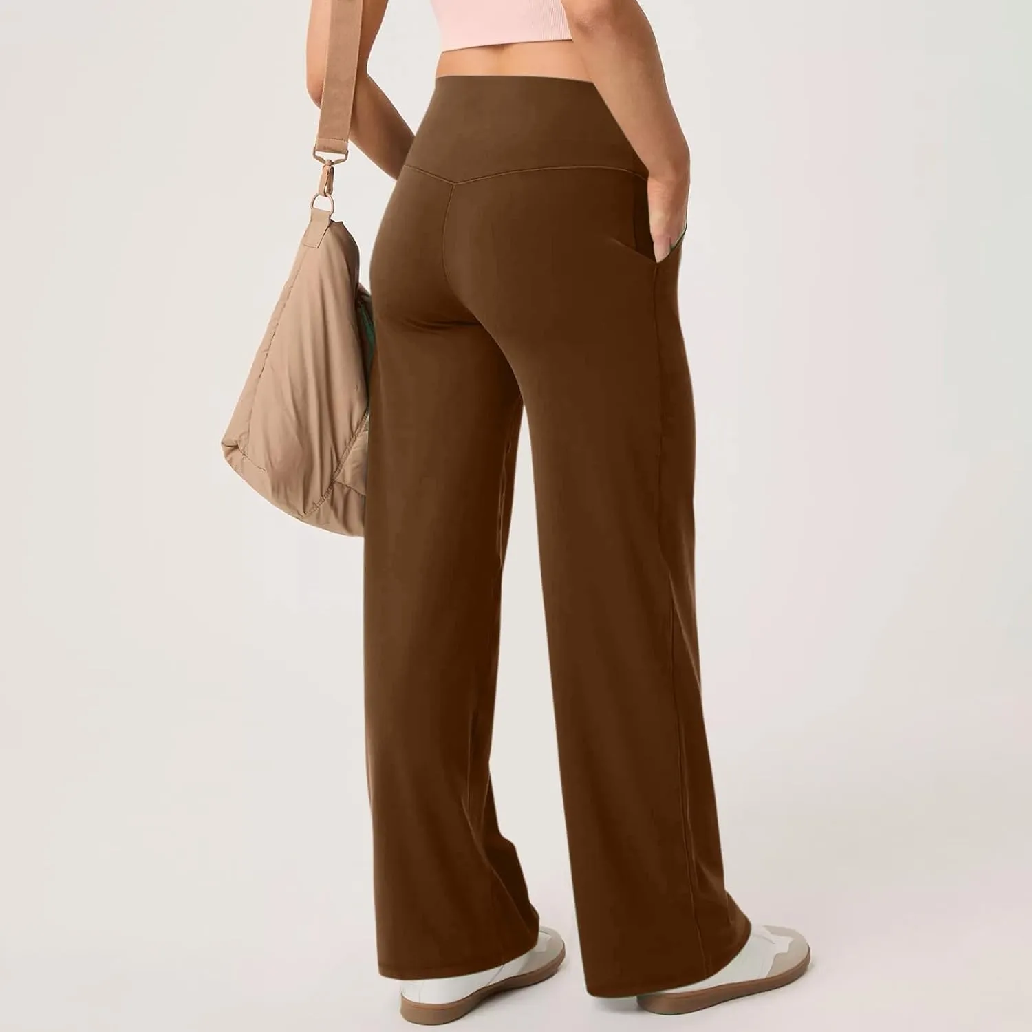Women Wide Leg Yoga Pants with Pocket High Waist Straight Leg Dress Pants Tummy Control Leggings Flare Athletic Pant