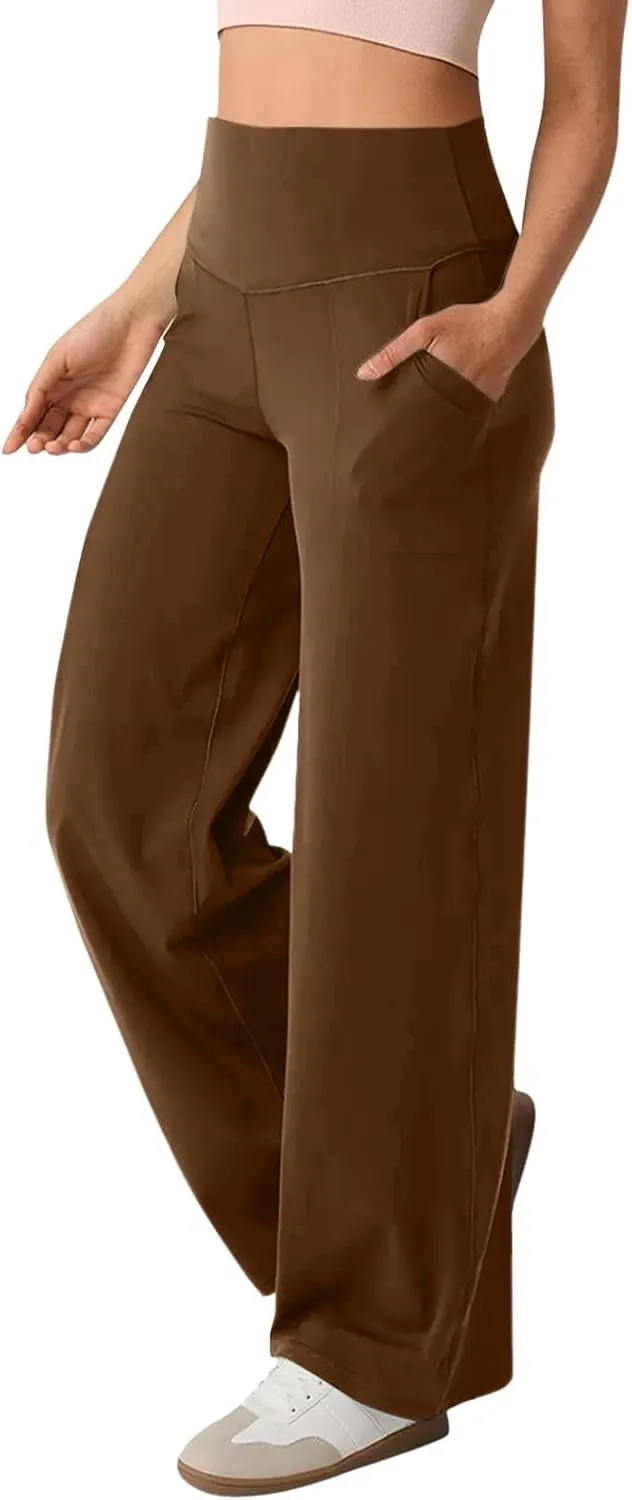 Women Wide Leg Yoga Pants with Pocket High Waist Straight Leg Dress Pants Tummy Control Leggings Flare Athletic Pant