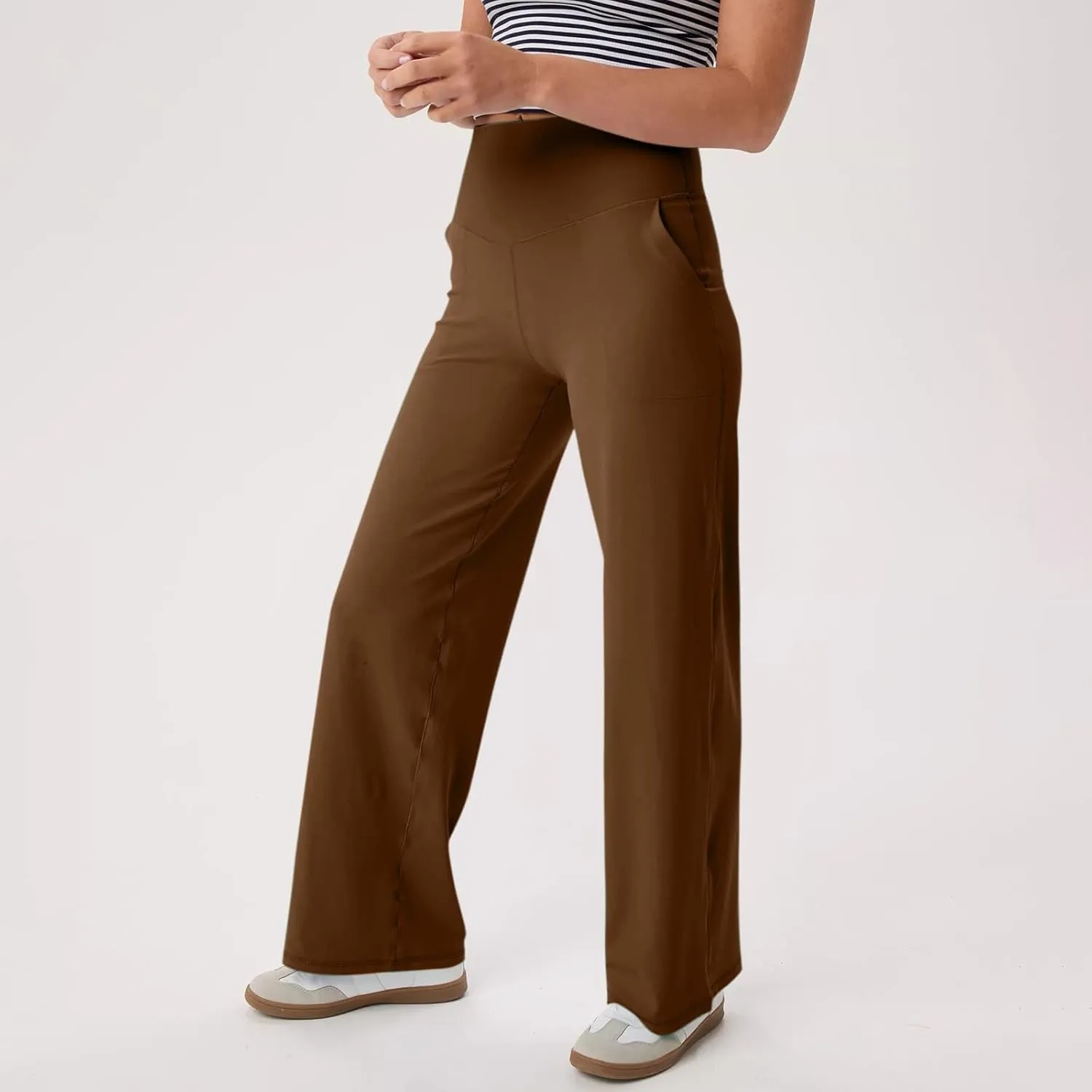 Women Wide Leg Yoga Pants with Pocket High Waist Straight Leg Dress Pants Tummy Control Leggings Flare Athletic Pant