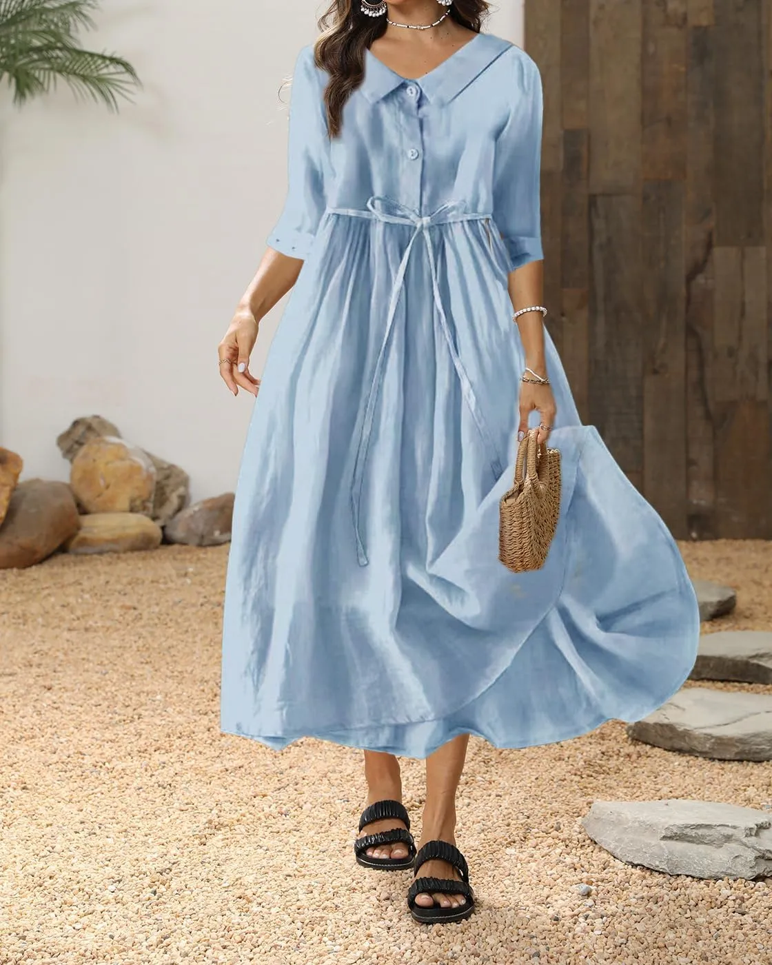 Women's 3/4 Sleeve Cotton Linen Button Down Maxi Dresses Casual Loose Summer Beach Tunic Shift Shirt Dress with Belt
