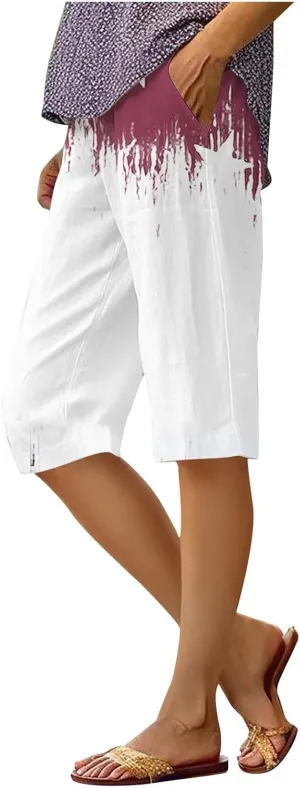 Women's 4th of July Linen Summer Shorts Casual American Flag Print Bermuda Wide Leg Mid Length High Waisted Shorts
