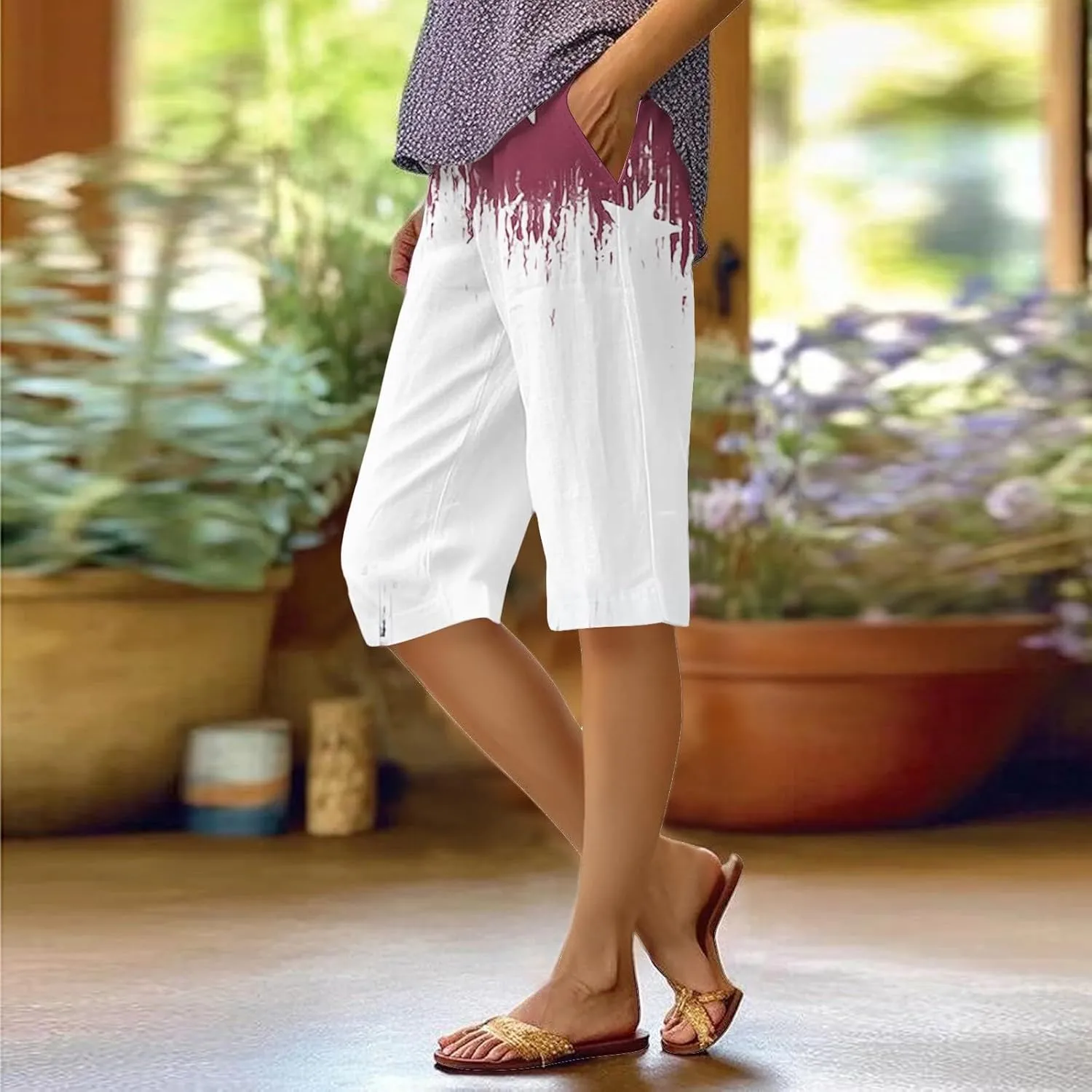 Women's 4th of July Linen Summer Shorts Casual American Flag Print Bermuda Wide Leg Mid Length High Waisted Shorts