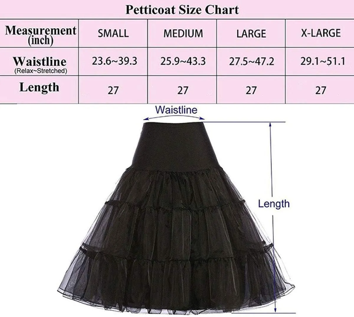 Women's 50s Vintage Rockabilly Petticoat 25.5‘’ Length Net Tulle Underskirt Crinoline Petticoat Half Slip