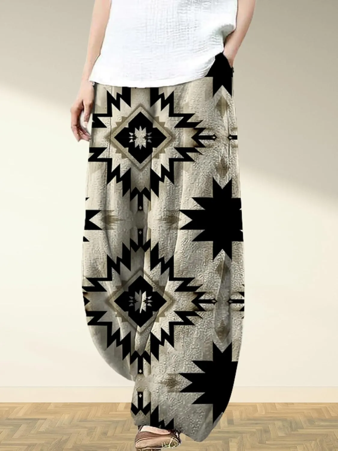 Womens Baggy Linen Pants Barrel Wide Leg Casual Loose Flowy Hippie Lantern Trousers with Elastic Waist for Summer
