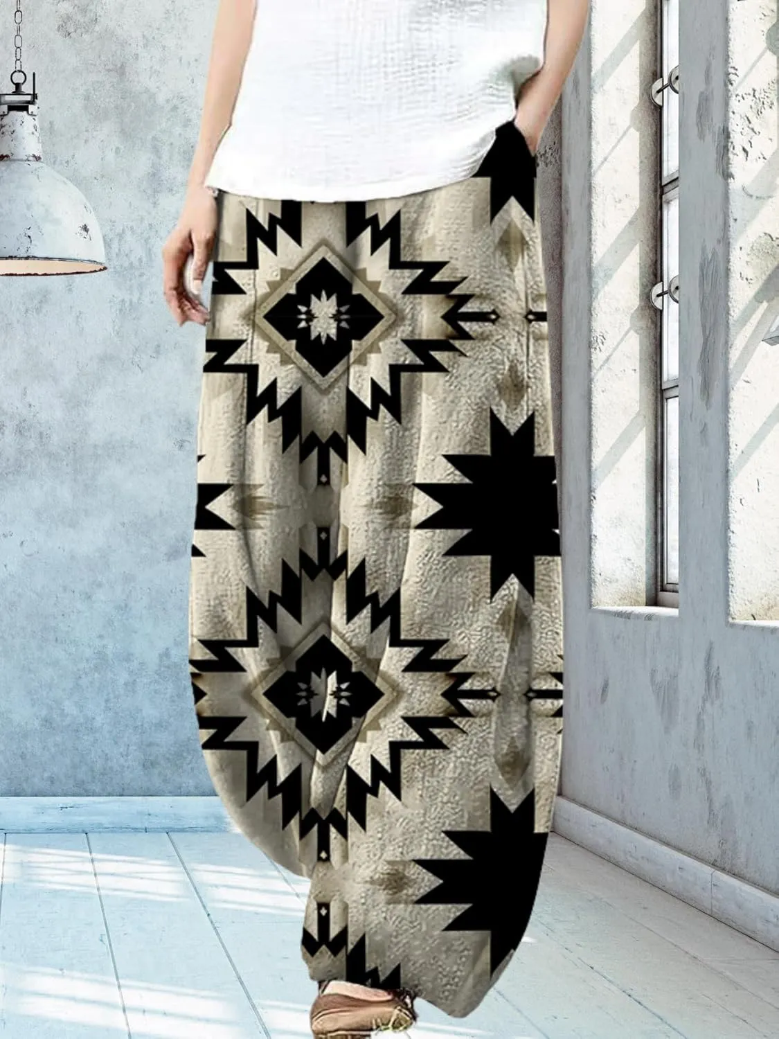 Womens Baggy Linen Pants Barrel Wide Leg Casual Loose Flowy Hippie Lantern Trousers with Elastic Waist for Summer