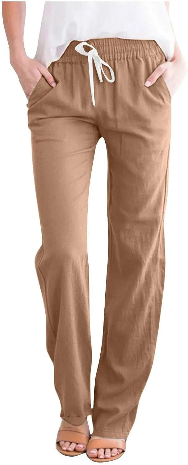 Womens Casual Cotton Linen Pants Lightweight Summer Relaxed Elastic Waist Loose Solid Drawstring Lounge Long Trousers