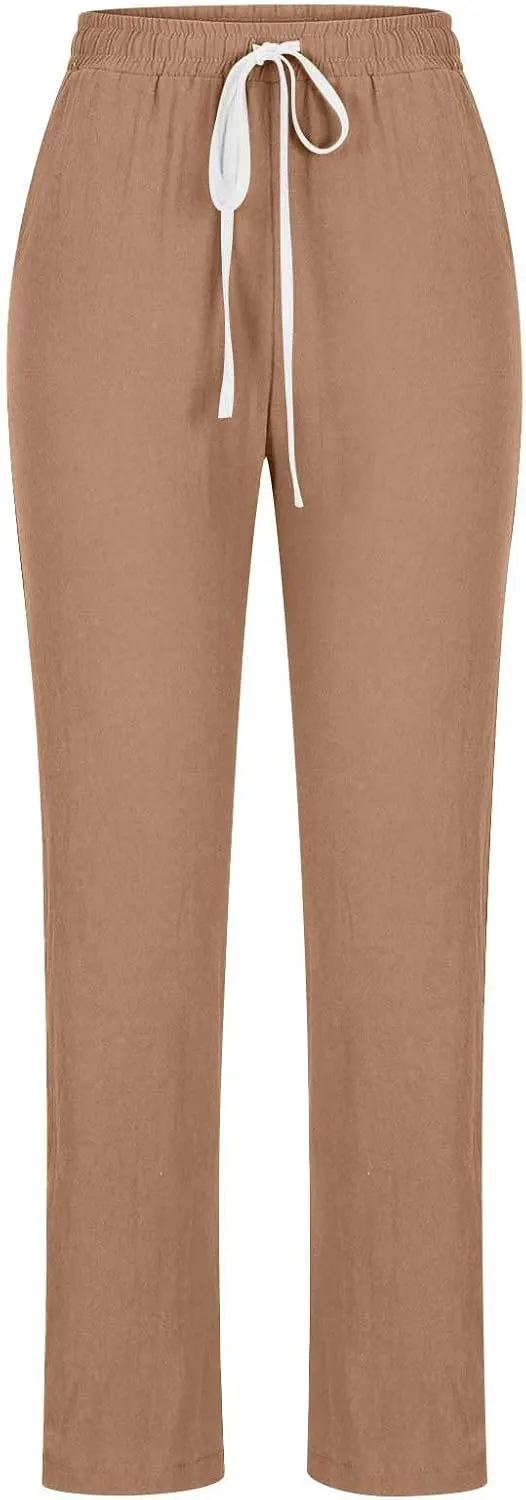 Womens Casual Cotton Linen Pants Lightweight Summer Relaxed Elastic Waist Loose Solid Drawstring Lounge Long Trousers