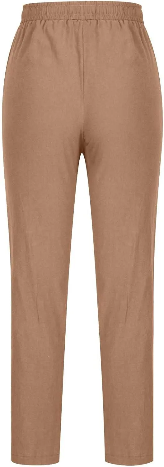 Womens Casual Cotton Linen Pants Lightweight Summer Relaxed Elastic Waist Loose Solid Drawstring Lounge Long Trousers