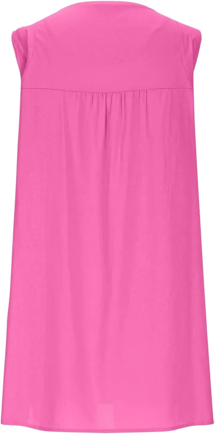 Womens Casual Mini Linen Dress Summer Loose Fit Cap Sleeve Crewneck Dress Beach Vacation Solid Short Sundresses