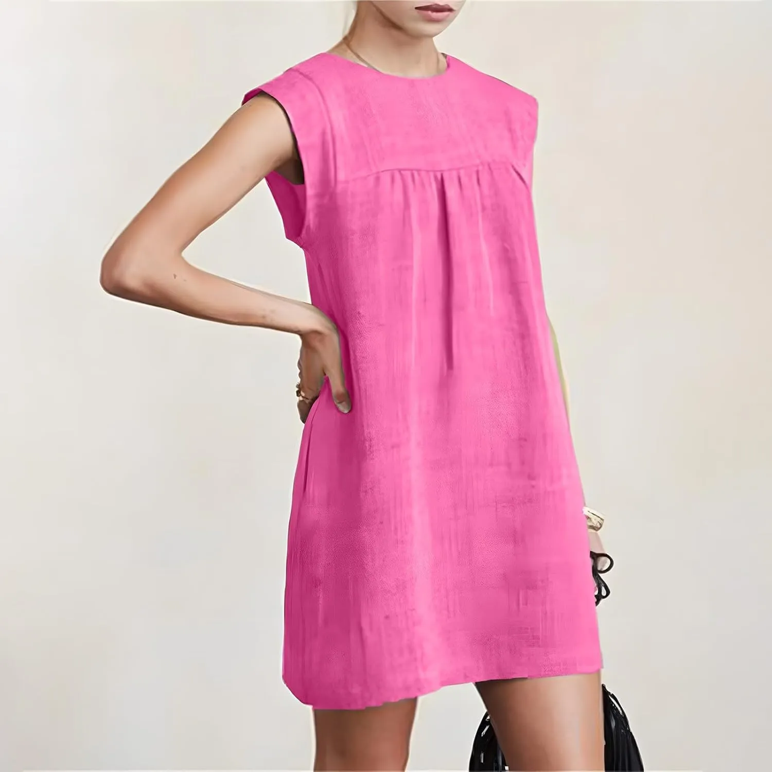 Womens Casual Mini Linen Dress Summer Loose Fit Cap Sleeve Crewneck Dress Beach Vacation Solid Short Sundresses
