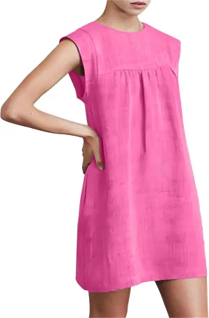 Womens Casual Mini Linen Dress Summer Loose Fit Cap Sleeve Crewneck Dress Beach Vacation Solid Short Sundresses