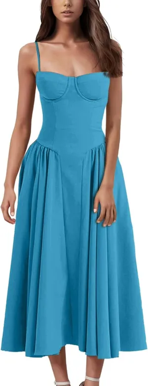 Womens Corset Dress Spaghetti Strap Bustier Midi Dresses Vintage Party Dress Flowy Pleated Hem Low Cut Prom Dresses