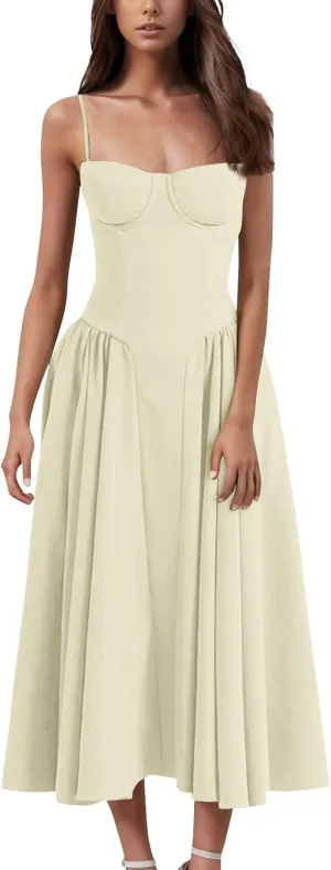 Womens Corset Dress Spaghetti Strap Bustier Midi Dresses Vintage Party Dress Flowy Pleated Hem Low Cut Prom Dresses
