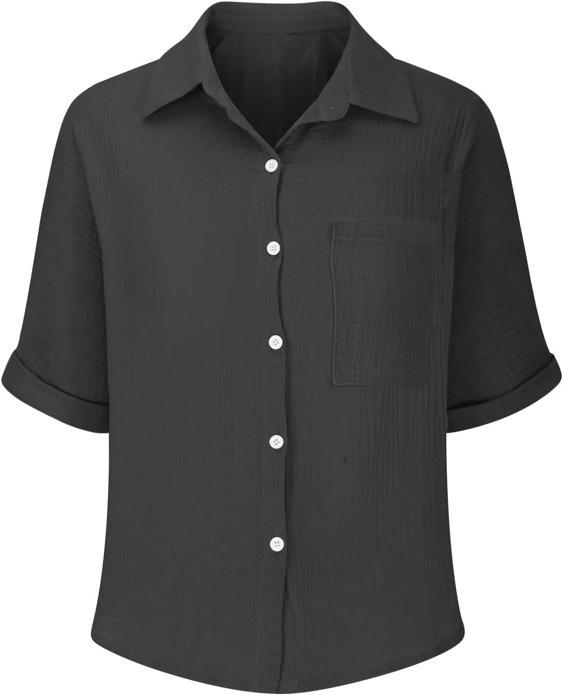 Womens Cotton Button Down Shirt Rolled Cuffed Short Sleeve Blouse Ladies Summer Casual V Neck Beach Cotton Tops