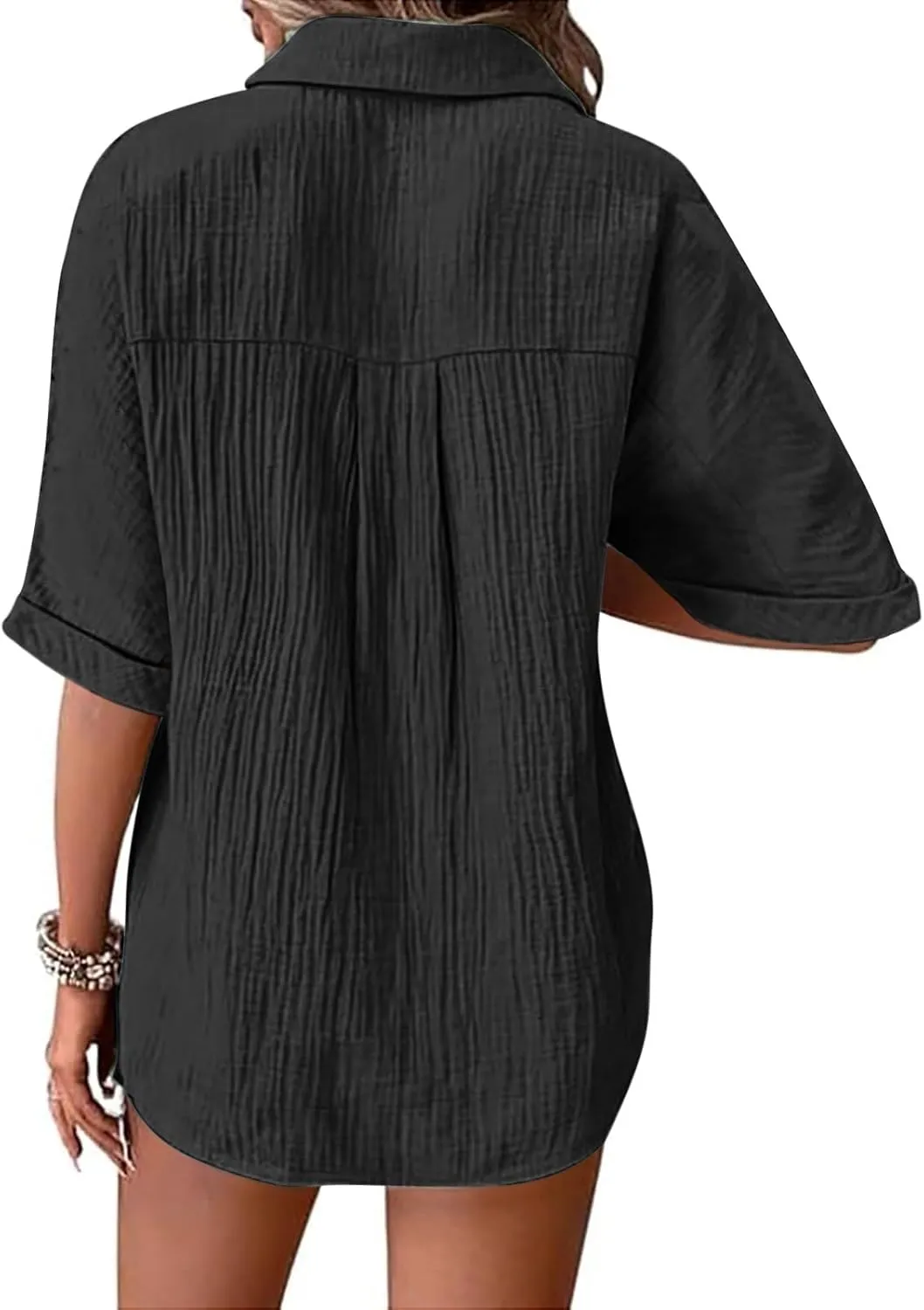 Womens Cotton Button Down Shirt Rolled Cuffed Short Sleeve Blouse Ladies Summer Casual V Neck Beach Cotton Tops
