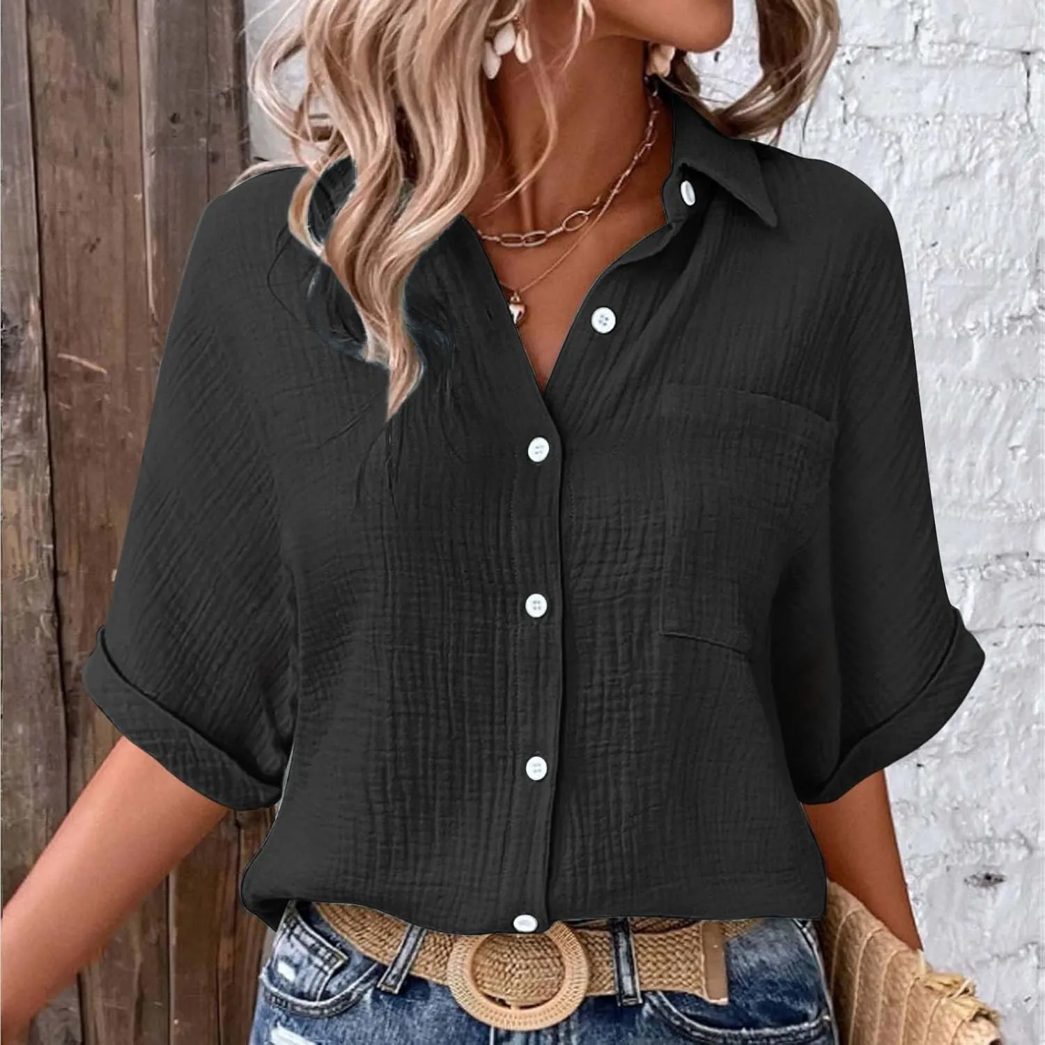 Womens Cotton Button Down Shirt Rolled Cuffed Short Sleeve Blouse Ladies Summer Casual V Neck Beach Cotton Tops