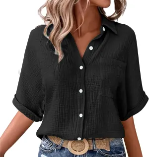 Womens Cotton Button Down Shirt Rolled Cuffed Short Sleeve Blouse Ladies Summer Casual V Neck Beach Cotton Tops
