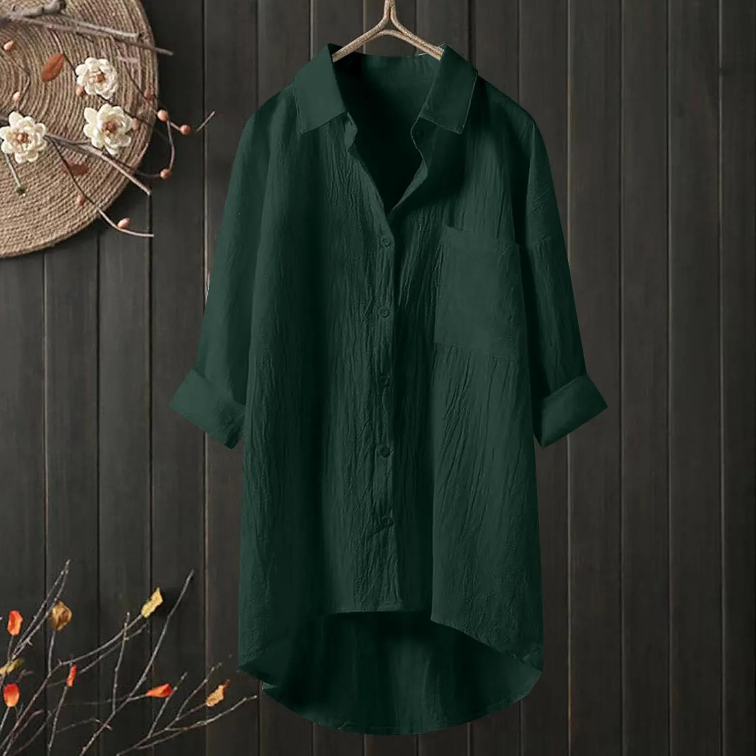 Womens Cotton Linen Button Down Flowy Shirts Long Sleeve V Neck Elegant High Low Loose Tops Plain Oversize Blouse