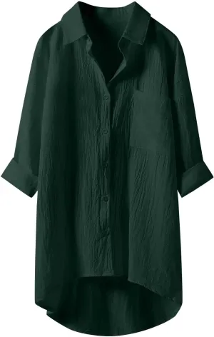 Womens Cotton Linen Button Down Flowy Shirts Long Sleeve V Neck Elegant High Low Loose Tops Plain Oversize Blouse